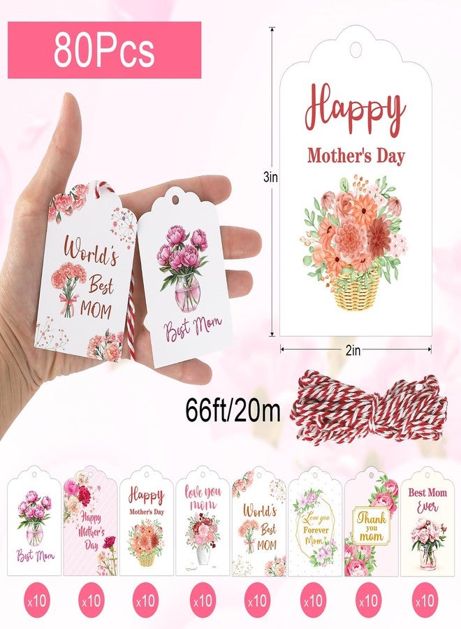 ٨٠ قطعة من بطاقات عيد الأم، بطاقات عيد أم سعيد مع خيط، بطاقات هدايا مزينة بالزهور مكتوب عليها "شكراً أمي، أفضل أم على الإطلاق" لأعمال يدوية، تغليف هدايا عيد الأم، تزيين الحفلات (مجموعة متنوعة) - Image 2